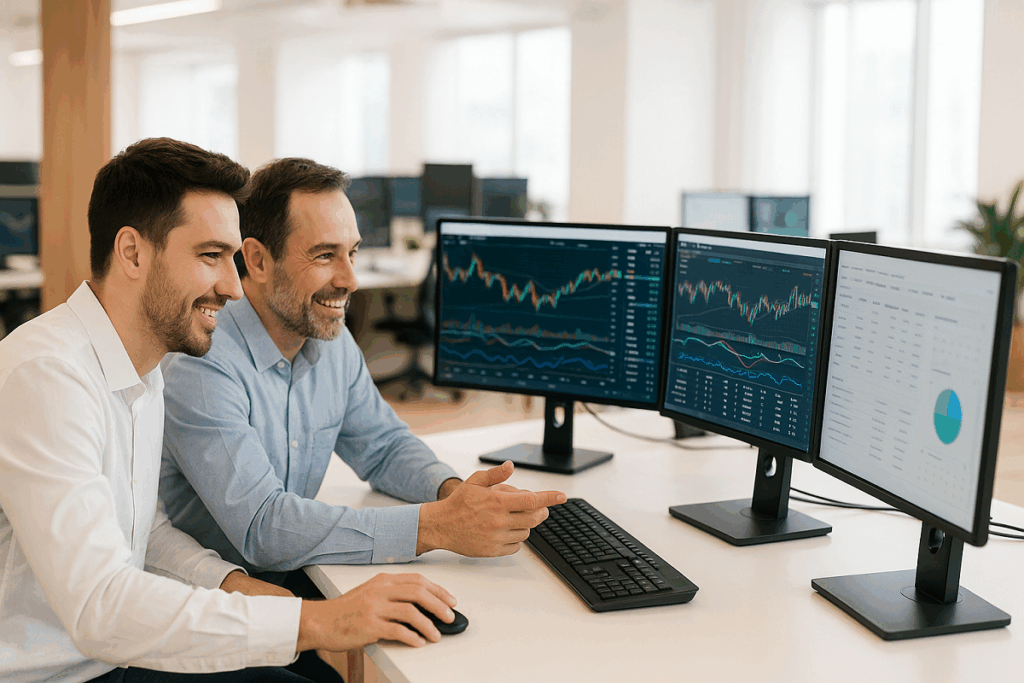 밝은 트레이딩 룸에서 두 트레이더가 여러 모니터의 차트를 보며 의견을 나누는 모습