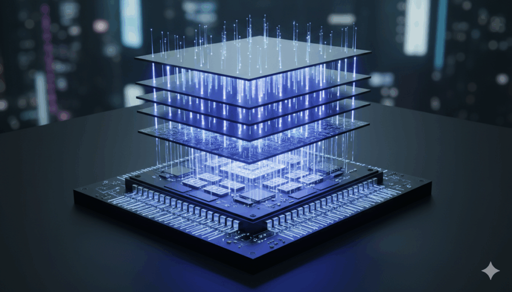 HBM4 스택형 메모리 구조와 TSV를 통해 병목을 완화하는 개념도