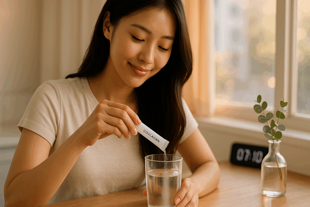 아침 햇살 아래 콜라겐 스틱을 물에 타는 손