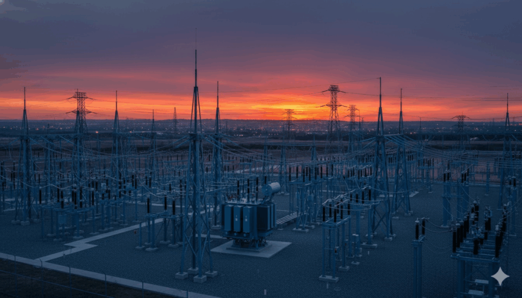 미 전력망 변전소와 송전탑이 수평선까지 이어지는 석양 풍경