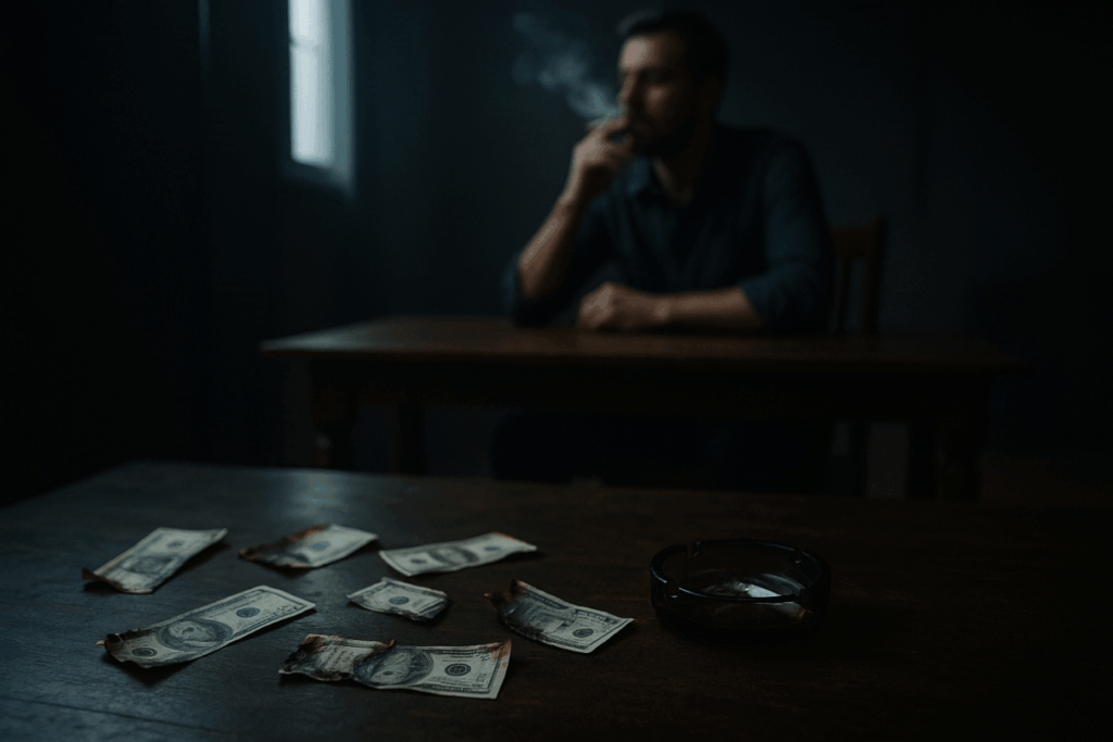 담배를 피우는 남자 뒤로 바닥에 나뒹구는 반쯤 탄 지폐를 강조해 흡연이 돈을 태우는 것과 같다는 메시지를 전하는 이미지.