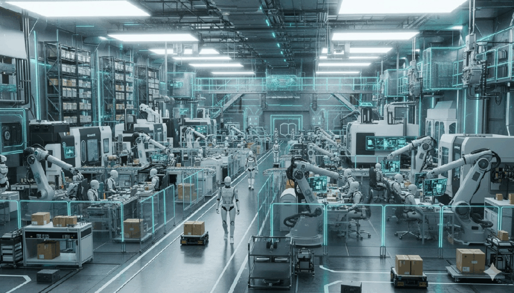 피지컬 AI 시대를 상징하는 공장 로봇과 데이터가 연결된 미래형 스마트팩토리 일러스트