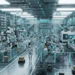 피지컬 AI 시대를 상징하는 공장 로봇과 데이터가 연결된 미래형 스마트팩토리 일러스트