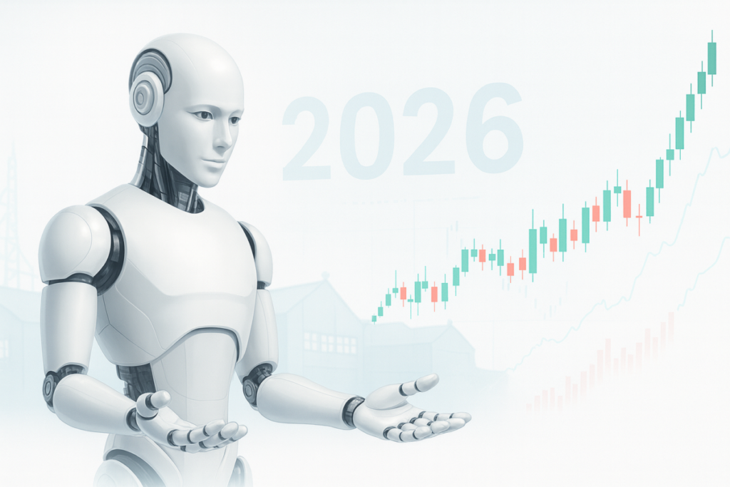 2026년 휴머노이드 로봇과 주가 차트를 함께 보여주는 3D 일러스트, 로봇 투자와 로봇주 상승 흐름을 상징하는 이미지