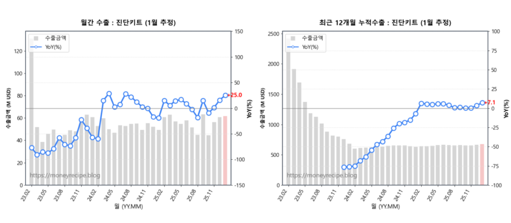 월간 & 최근 12개월 누적 수출 : 진단키트 (1월 추정)